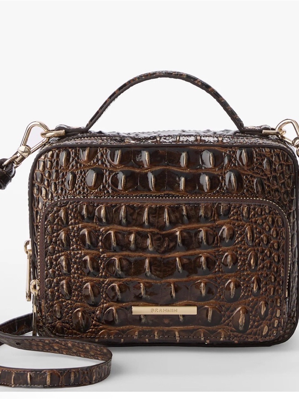 Brahmin Chocolate Melbourne Croc-Embossed Small Crossbody with Top Handle